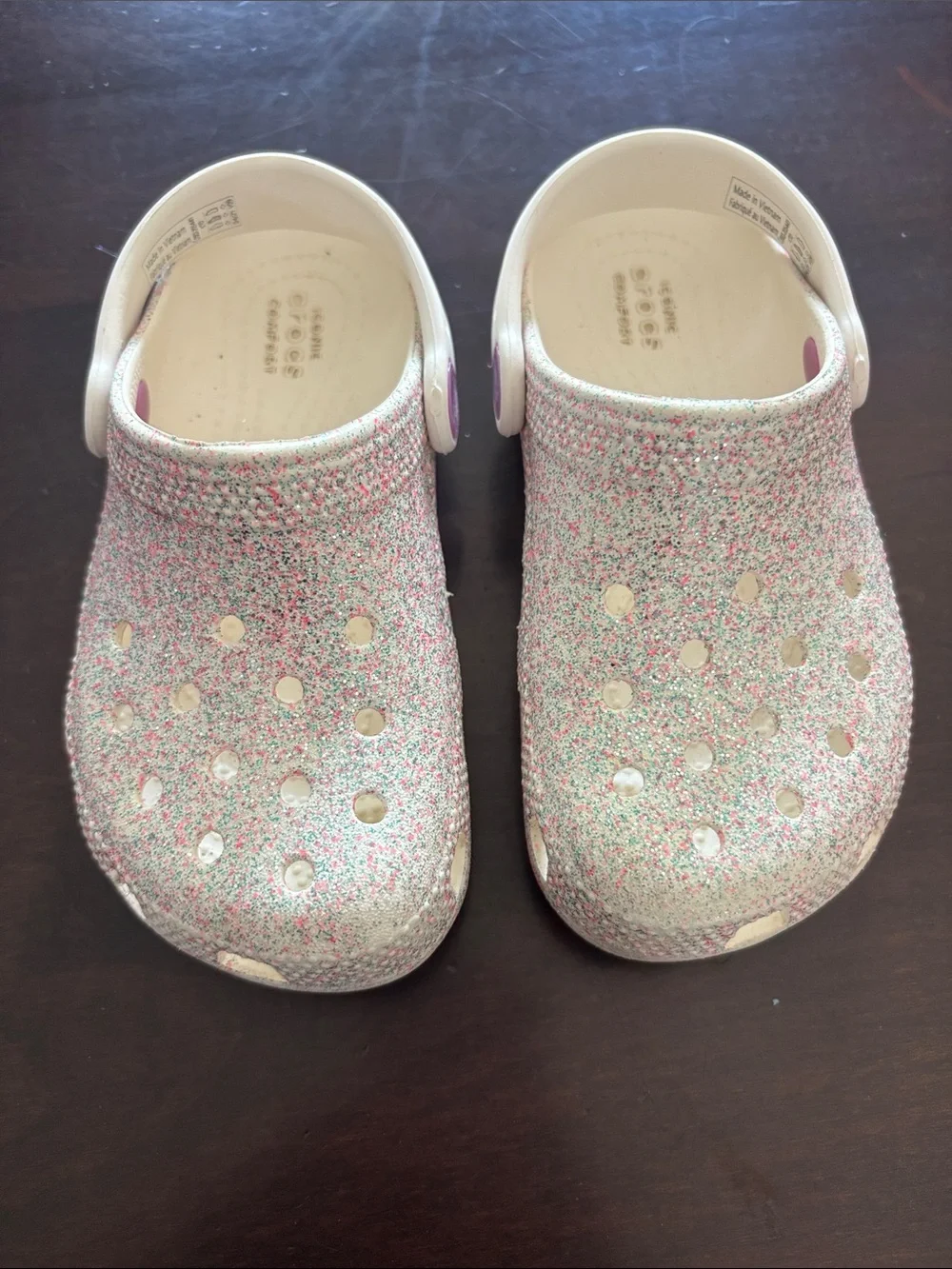 CROCS Kids Glitter Clogs in Pink, White & Green Sparkle